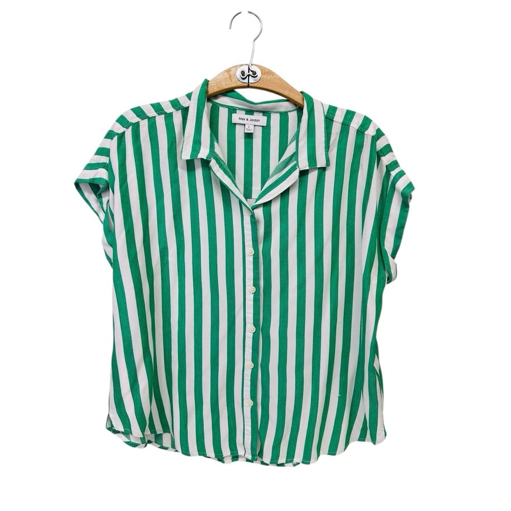 Alex & Jordan Button Front Shirt Womens Relaxed Green White Strips Size Large